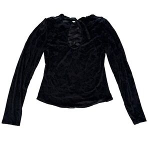 Anthropologie Velvet Lace Up Back Top Black Damask Ruffle Neck Medium NWT